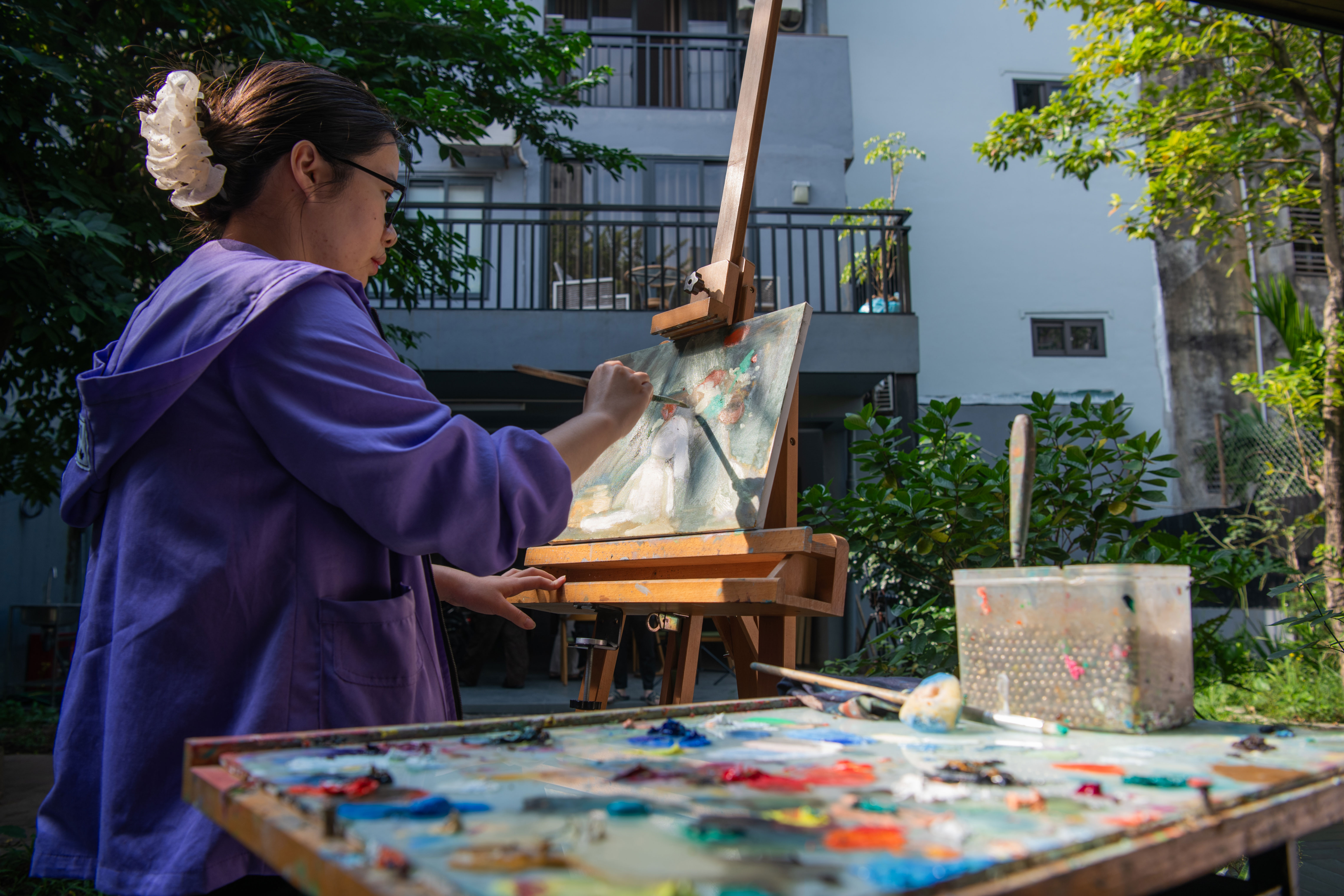 Students at an art exhibition